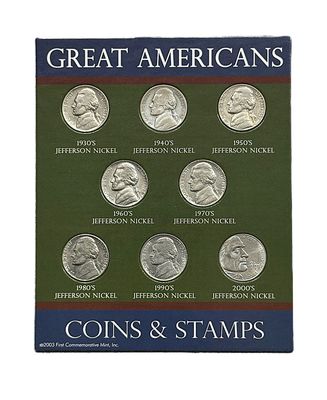 2003 Great Americans Thomas Jefferson Nickel Coins &amp; Stamps Set 1930s-2000s with COA