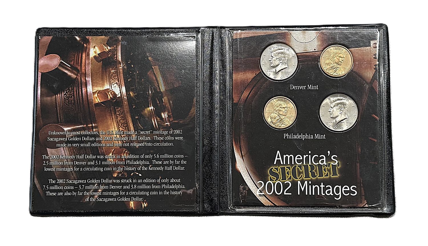 2002 America’s Secret Mintages 4-Coin Set - P&amp;D Kennedy Half Dollars &amp; Sacagawea Golden Dollars with COA