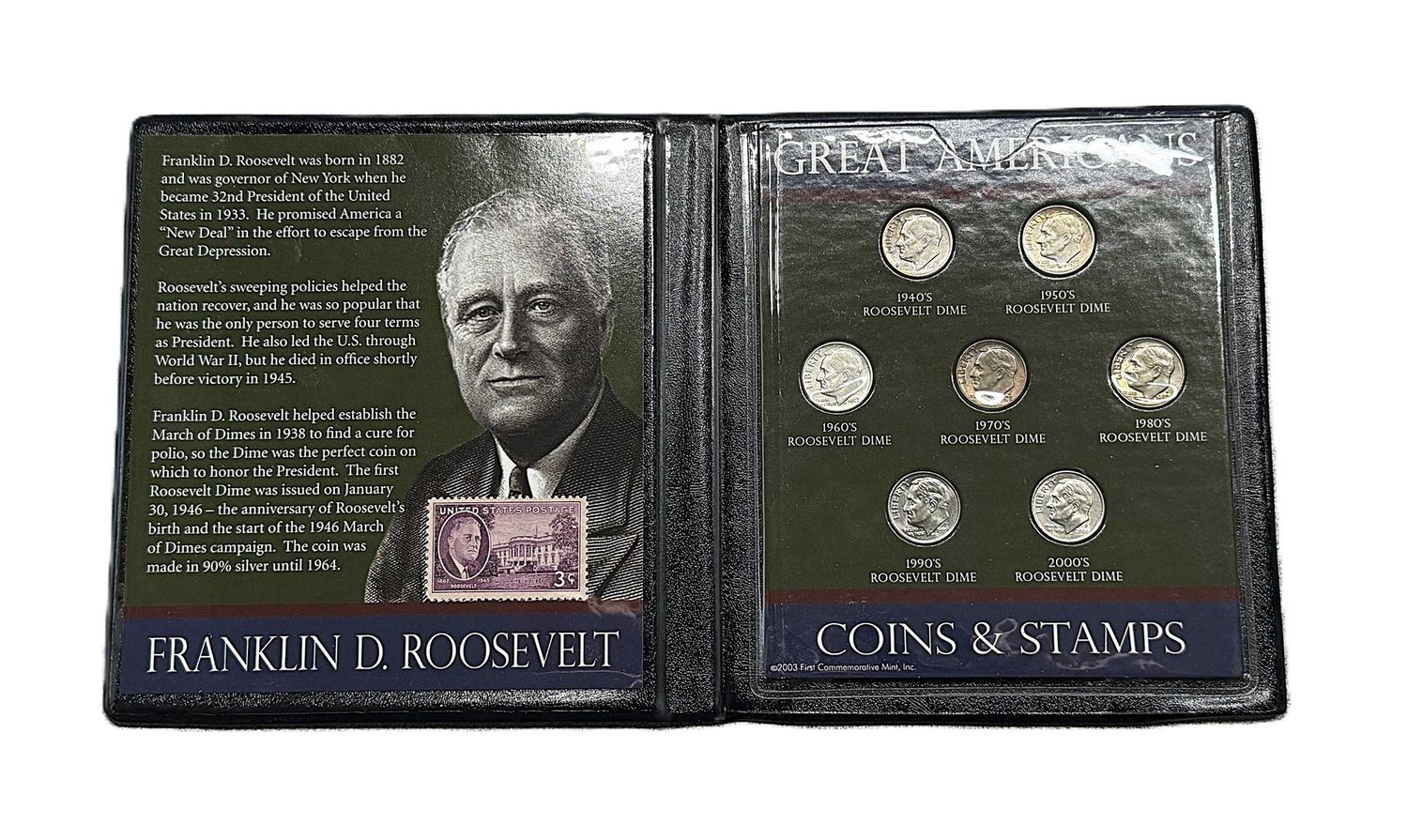 Franklin D. Roosevelt Great Americans 7-Coin Roosevelt Dime Decade Set with Stamp &amp; COA - First Commemorative Mint