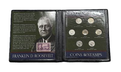 Franklin D. Roosevelt Great Americans 7-Coin Roosevelt Dime Decade Set with Stamp &amp; COA - First Commemorative Mint