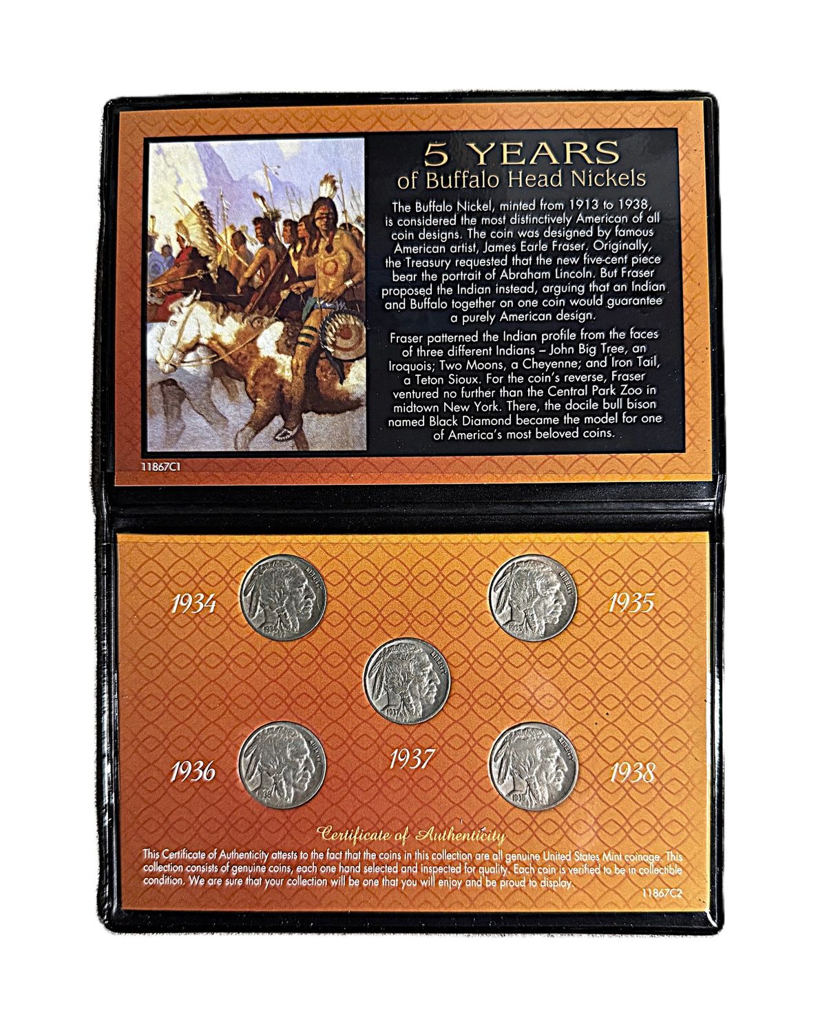 1934-1938 5 Years of Buffalo Head Nickels Genuine US Mint 5-Coin Collector Set with Display Case &amp; COA
