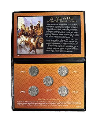 1934-1938 5 Years of Buffalo Head Nickels Genuine US Mint 5-Coin Collector Set with Display Case &amp; COA