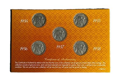 1934-1938 5 Years of Buffalo Head Nickels Genuine US Mint 5-Coin Collector Set with Display Case &amp; COA