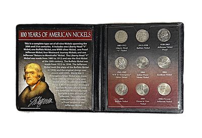 100 Years of American Nickels 9-Coin Genuine US Mint Type Set with Display Case &amp; COA First Commemorative Mint