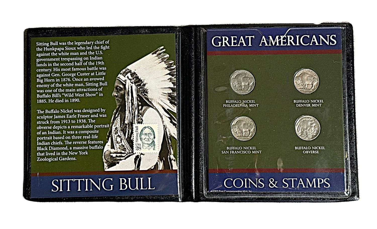 2003 First Commemorative Mint Great Americans Sitting Bull Buffalo Nickel Coins &amp; Stamp Set with COA