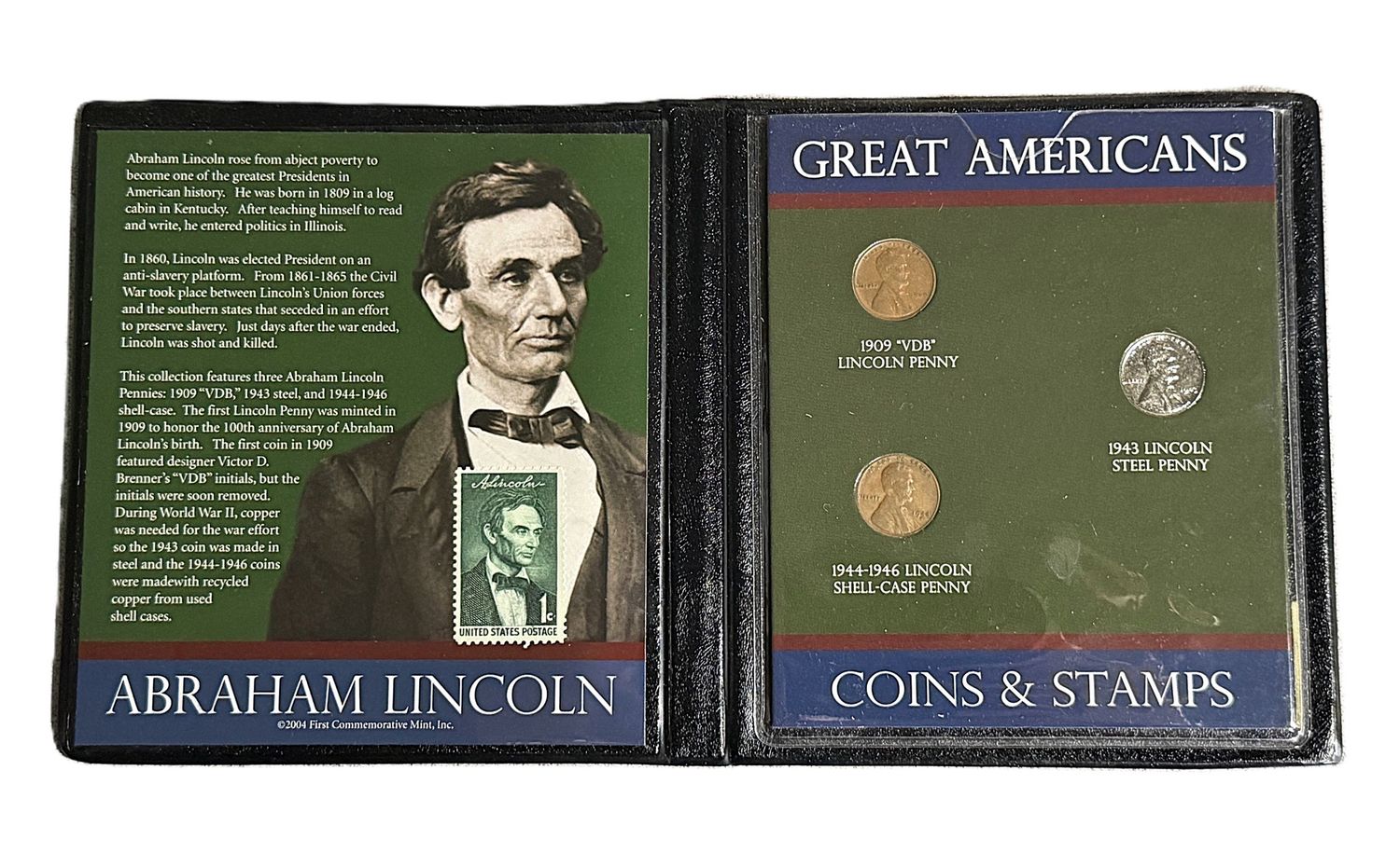 Abraham Lincoln Great Americans Coins &amp; Stamps Set with 1909 VDB, 1943 Steel &amp; 1944 Shell Case Pennies