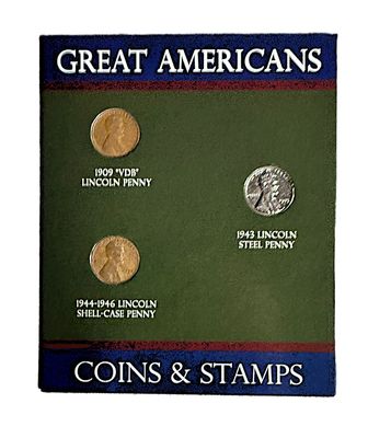 Abraham Lincoln Great Americans Coins &amp; Stamps Set with 1909 VDB, 1943 Steel &amp; 1944 Shell Case Pennies
