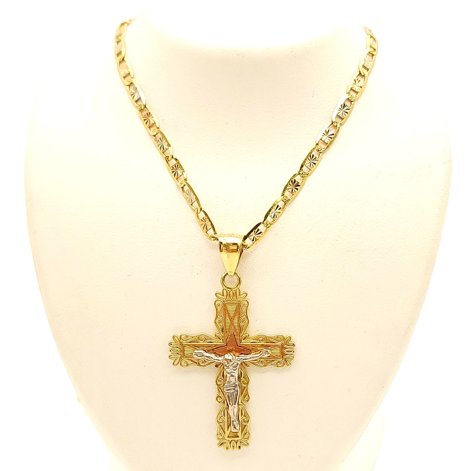 14k Tri-Color Gold Cross on 14k Tri-Color Mariner Necklace- Size: 24.5"