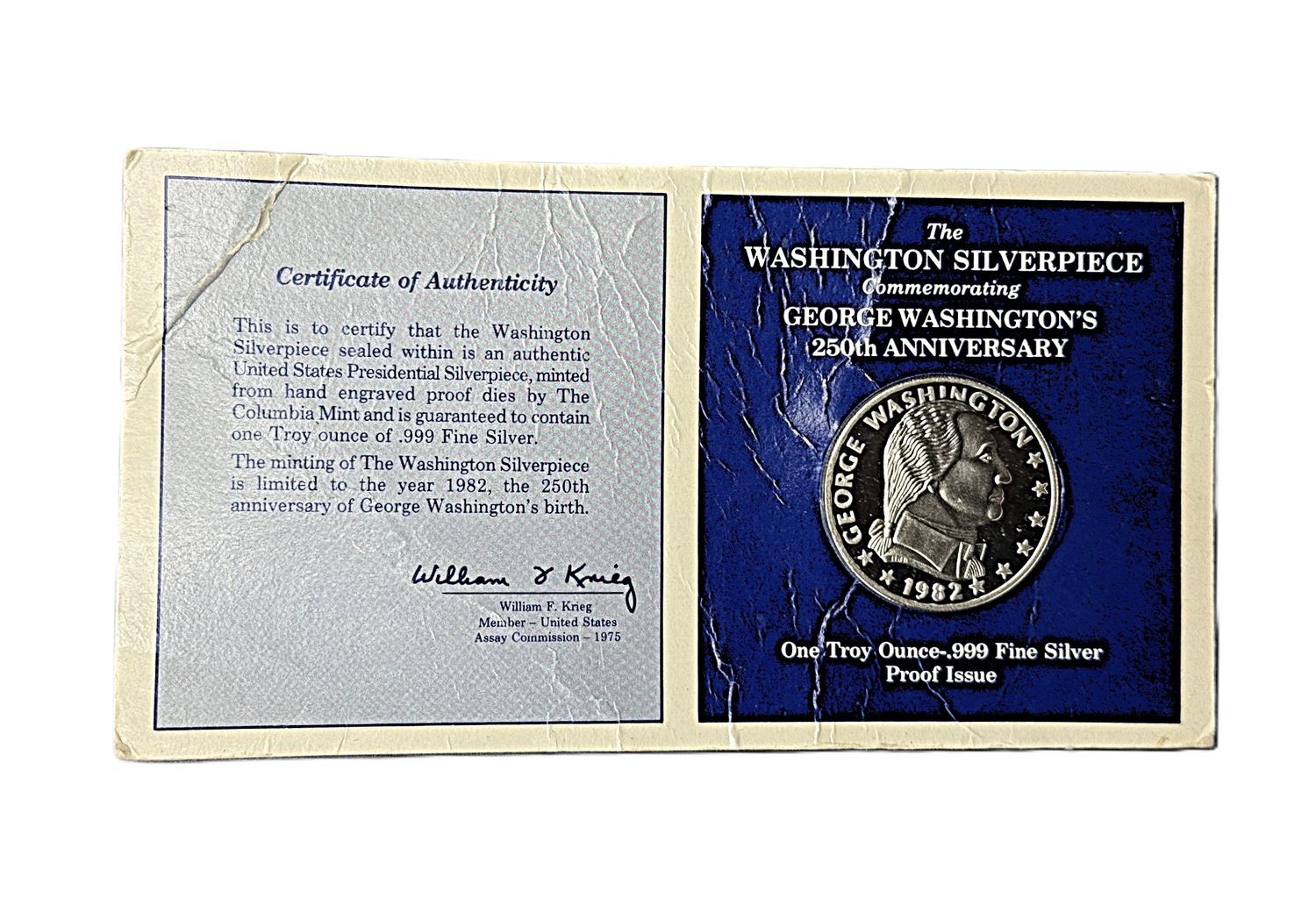 1982 Columbia Mint Washington Silverpiece George Washington 250th Anniversary 1 oz .999 Silver Proof Round
