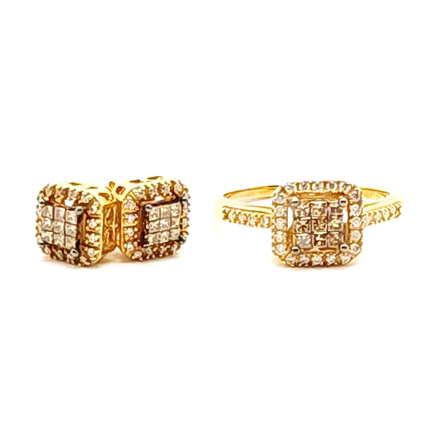 10k Gold Princess Cluster Halo Diamond Ring &amp; Earring Set- Size: 7