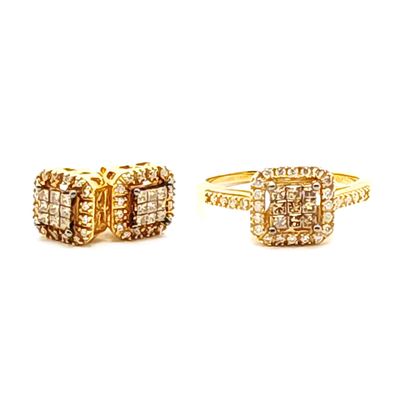 10k Gold Princess Cluster Halo Diamond Ring &amp; Earring Set- Size: 7