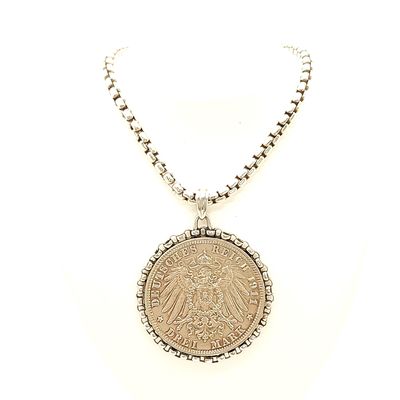 Sterling Silver Rounded Box Chain with 1911-D German Empire 3 Mark Pendant- Size:  18" X 3.65mm