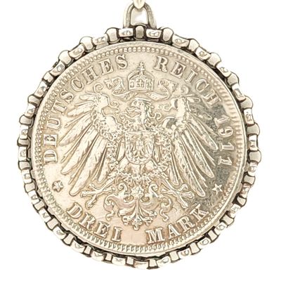 Sterling Silver Rounded Box Chain with 1911-D German Empire 3 Mark Pendant- Size:  18" X 3.65mm