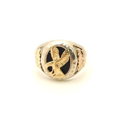 Sterling Silver- Black Hills Gold- Black Onyx- Flying Eagle Ring- Size: 12