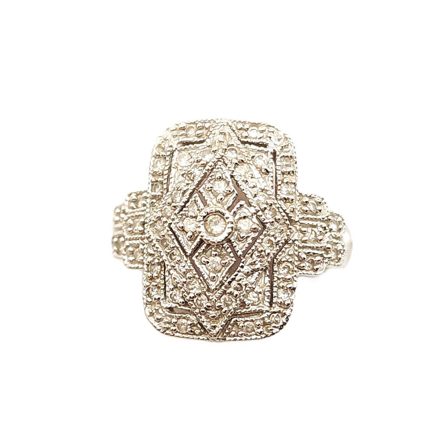 14k White Gold Vintage Design Pave Diamond Ring- Size: 7