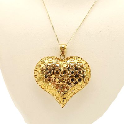 14k Gold Puffed Heart Pendant on 14k Gold Chain- 18" X  0.53mm