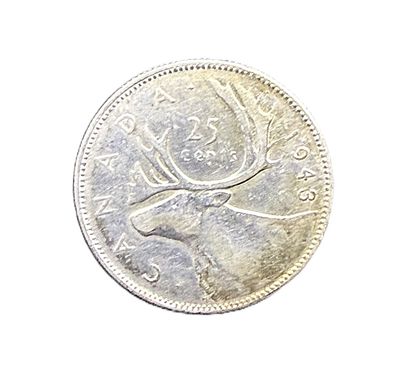 1943 Canada Silver 25 Cents King George VI Caribou Quarter