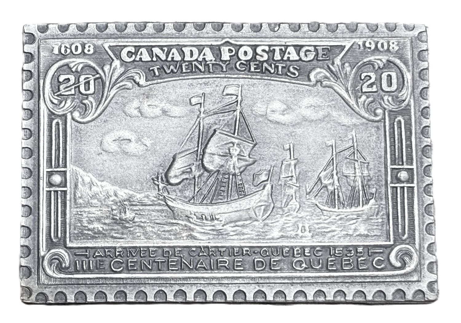 Canada 1908 20 Cents Arrival of Cartier at Quebec Stamp Replica – Jerry Parker .999 Fine Silver Bar