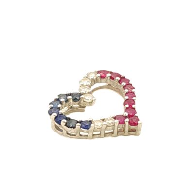 14k White Gold Heart- Red, White &amp; Blue Stones- Charm/Pendant