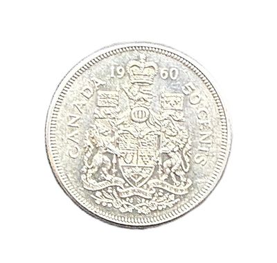 1960  Canada Silver  50 Cents  Queen  Elizabeth II  Coat of Arms  Half Dollar