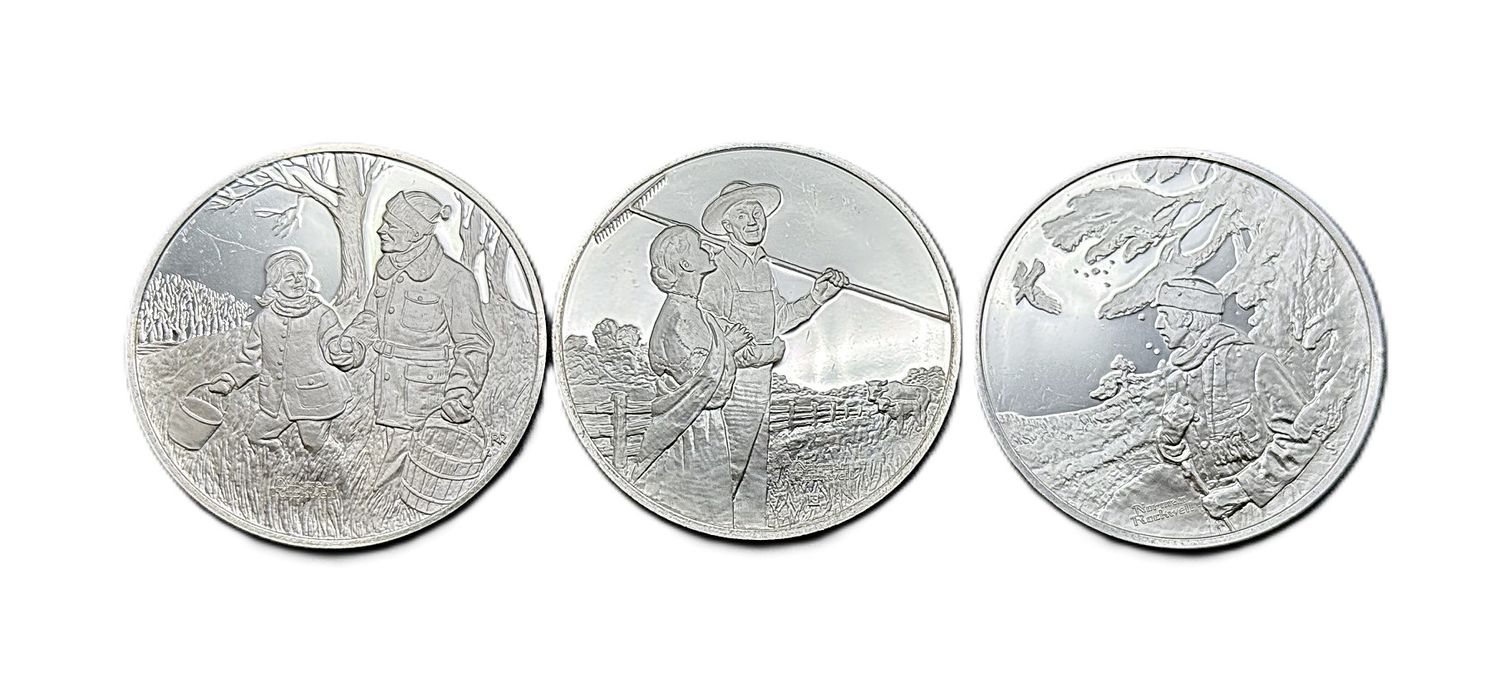 1974 Norman Rockwell Medallic Tribute to Robert Frost Sterling Silver Proof Medal Trio ("Going For Water", "The Pasture", &amp; "Dust Of Snow")