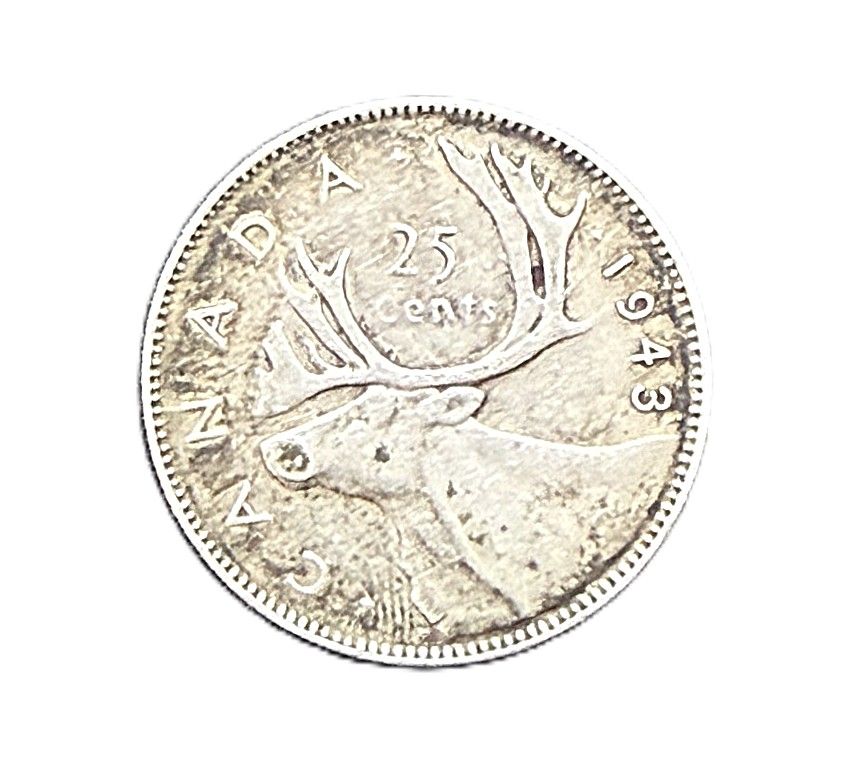 1943 Canada Silver 25 Cents King  George VI Caribou Quarter