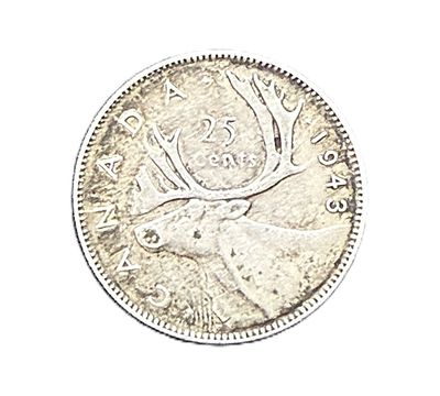 1943 Canada Silver 25 Cents King  George VI Caribou Quarter