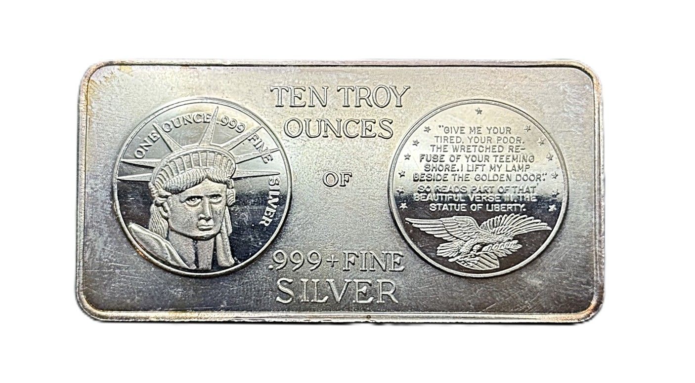 10 oz South East Refining Silver Bar Morgan Statue of Liberty Art Bar 10 oz South East Refining Silver Bar Morgan Statue of Liberty Art Bar
