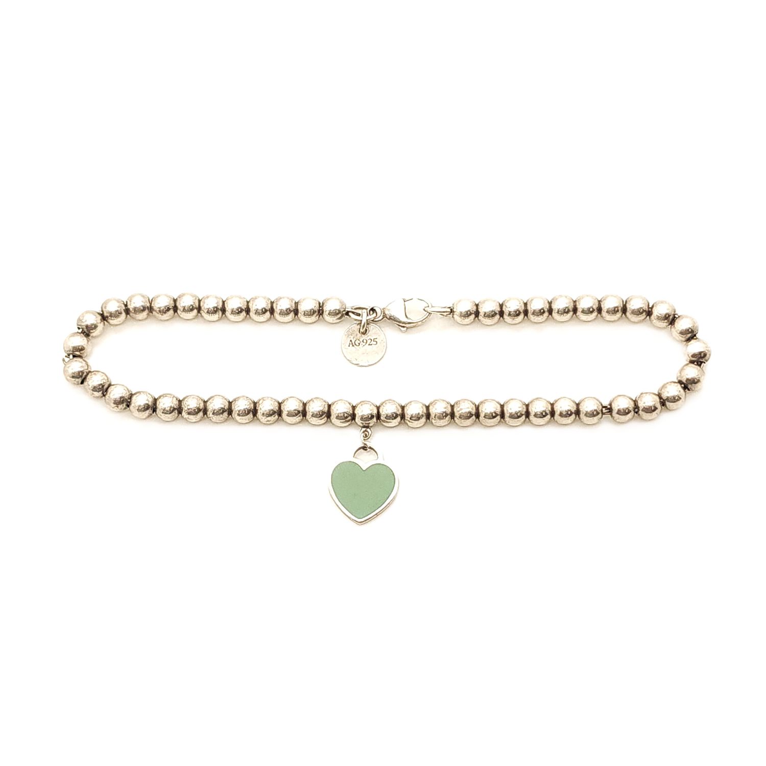 Sterling Silver T&amp;Co Green Heart Bracelet- Size: 7.5"