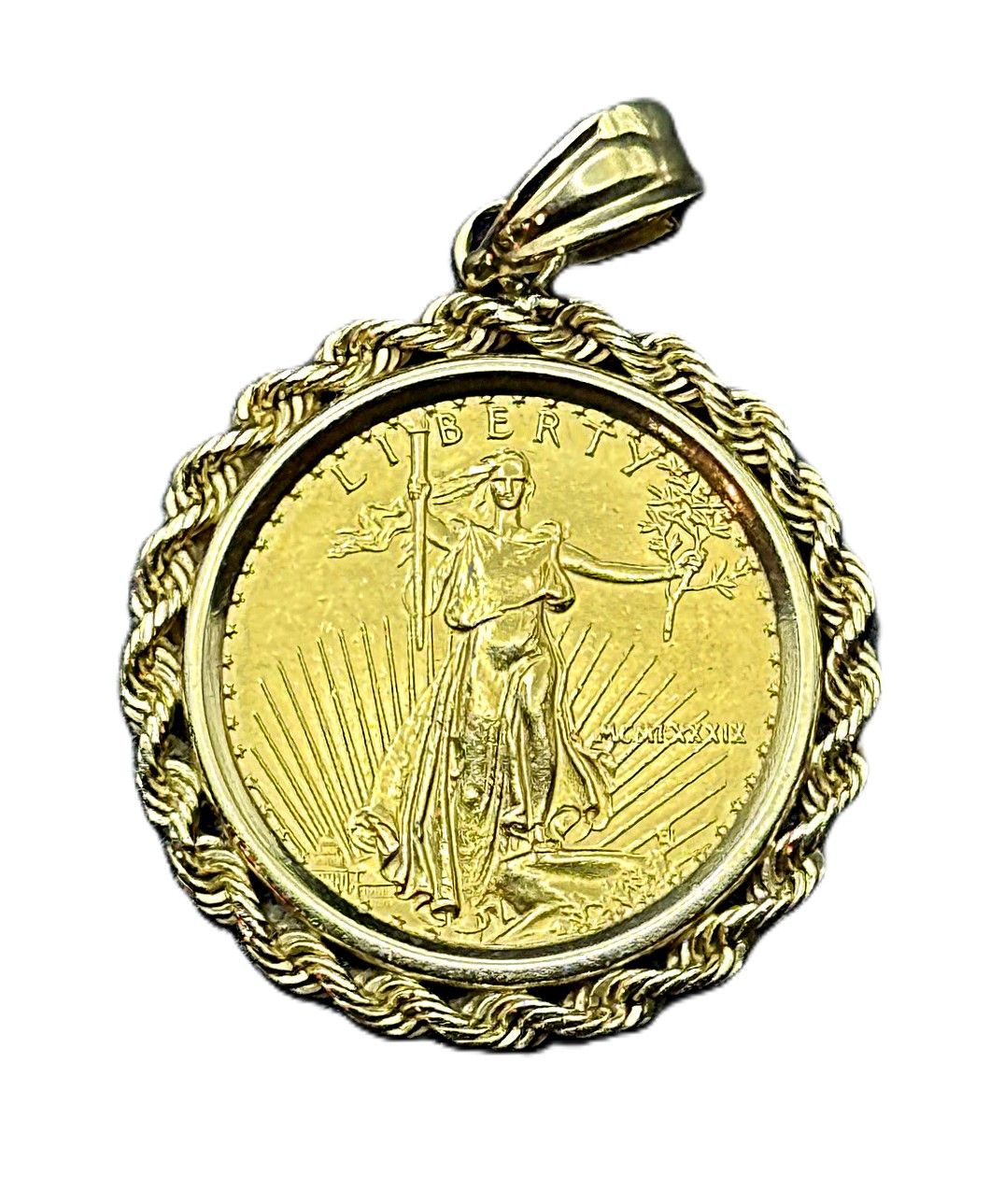 1989 $10 1/4 oz American Gold Eagle Pendant in 14K Rope Bezel