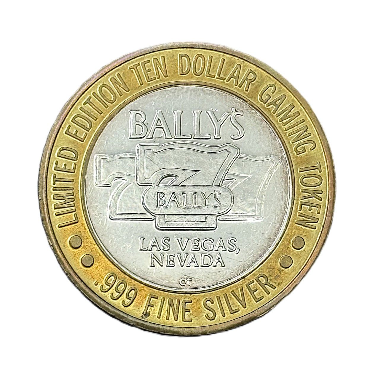 Bally's Las Vegas Nevada $10 Silver Strike Limited Edition 777 Slots / State Seal Bimetallic Gaming Token