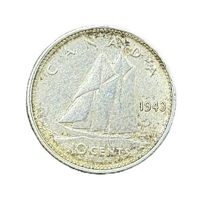 1943 Canada Silver 10 Cents George VI Bluenose Schooner Dime