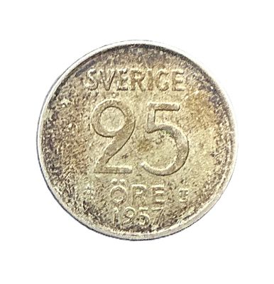 1957 Sweden 25 Öre Gustaf VI Adolf Silver Coin