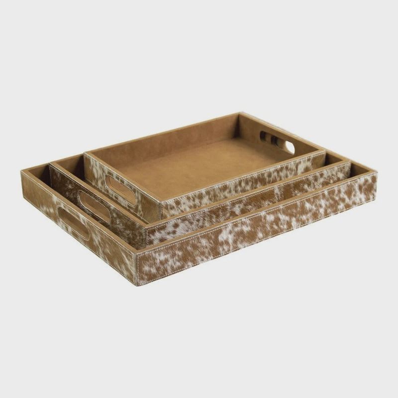 Dienbladen koehuid rechthoek bruin/wit (set of 3)
