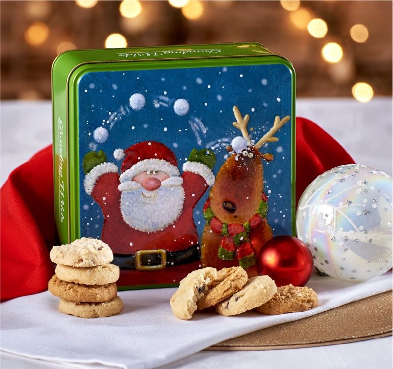 EMBOSSED JOLLY SANTA &amp; REINDEER TIN 160GR