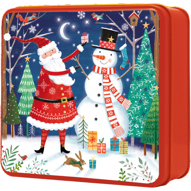 EMBOSSED SANTA &amp; SNOWMAN CHARCATER TIN 160GR