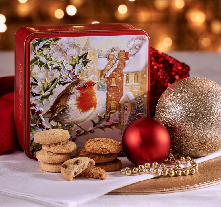 EMBOSSED SNOWY ROBIN SQUARE TIN 160GR