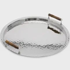 EDZARD dienblad Hugo, rond, glanzend vernikkeld roestvrij staal, met bamboe handgrepen, diameter 54 cm