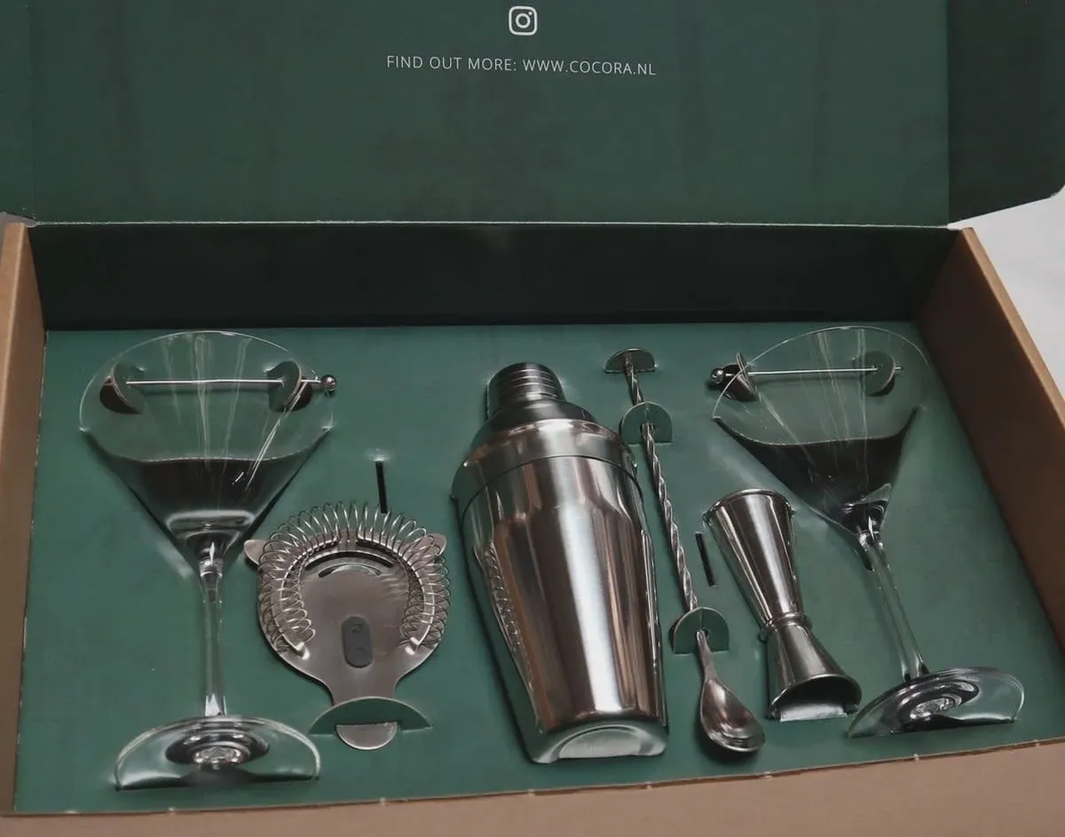 Cocora Martini Set - 9-delige Cocktail Set - Martini Glazen - Uitgebreid Gids incl. 10+ Recepten - Luxe Cadeauverpakking - Duurzaam Cadeau Black