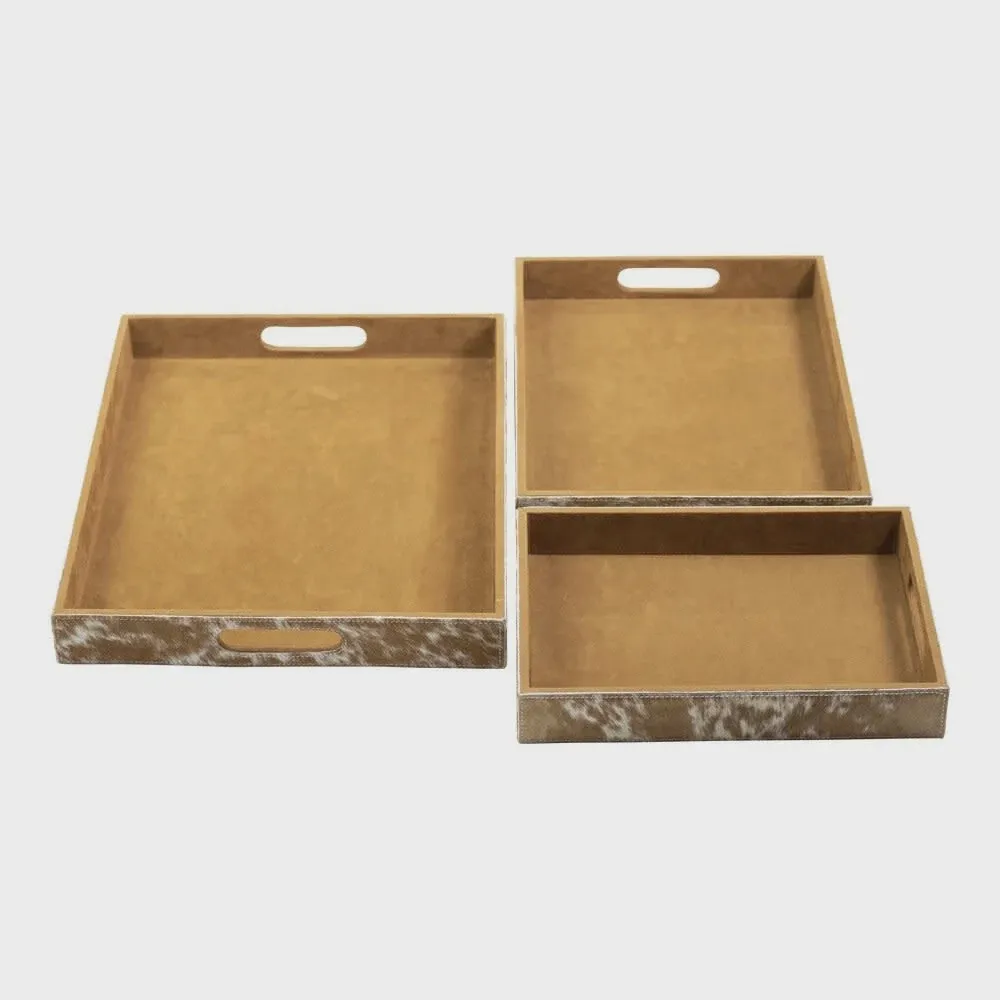 Dienbladen koehuid rechthoek bruin/wit (set of 3)