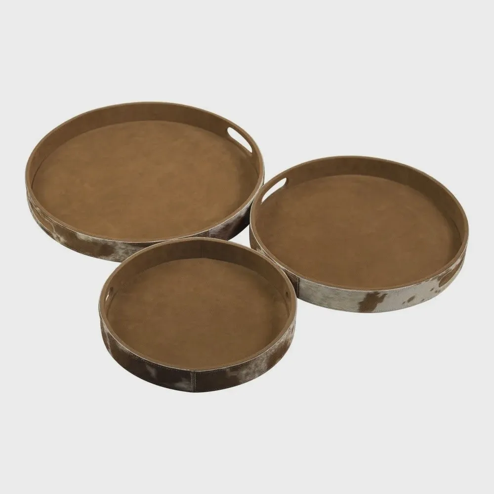 Dienbladen koehuid rond bruin/wit (set of 3)