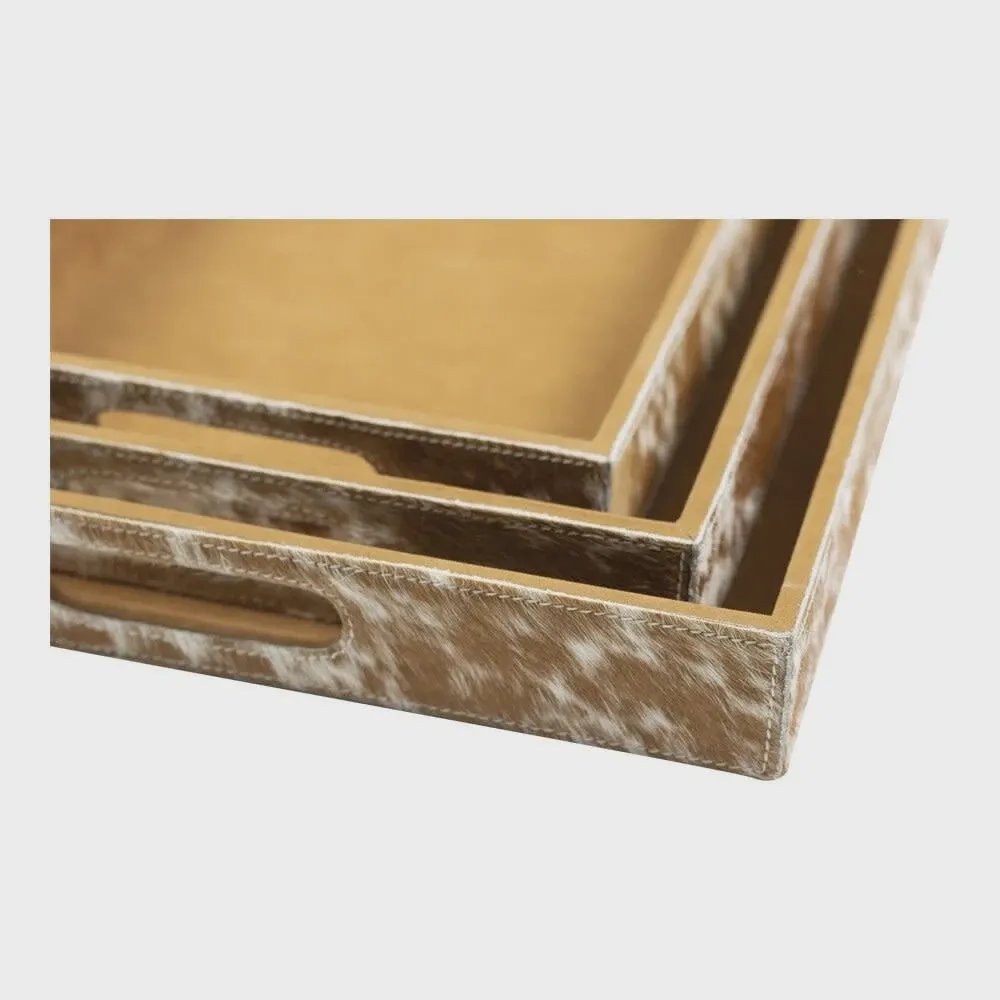 Dienbladen koehuid rechthoek bruin/wit (set of 3)