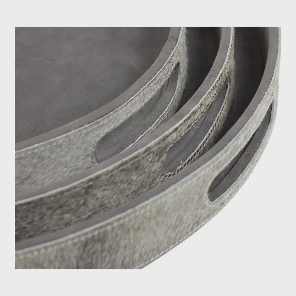 Dienbladen koehuid rond grijs (set of 3)