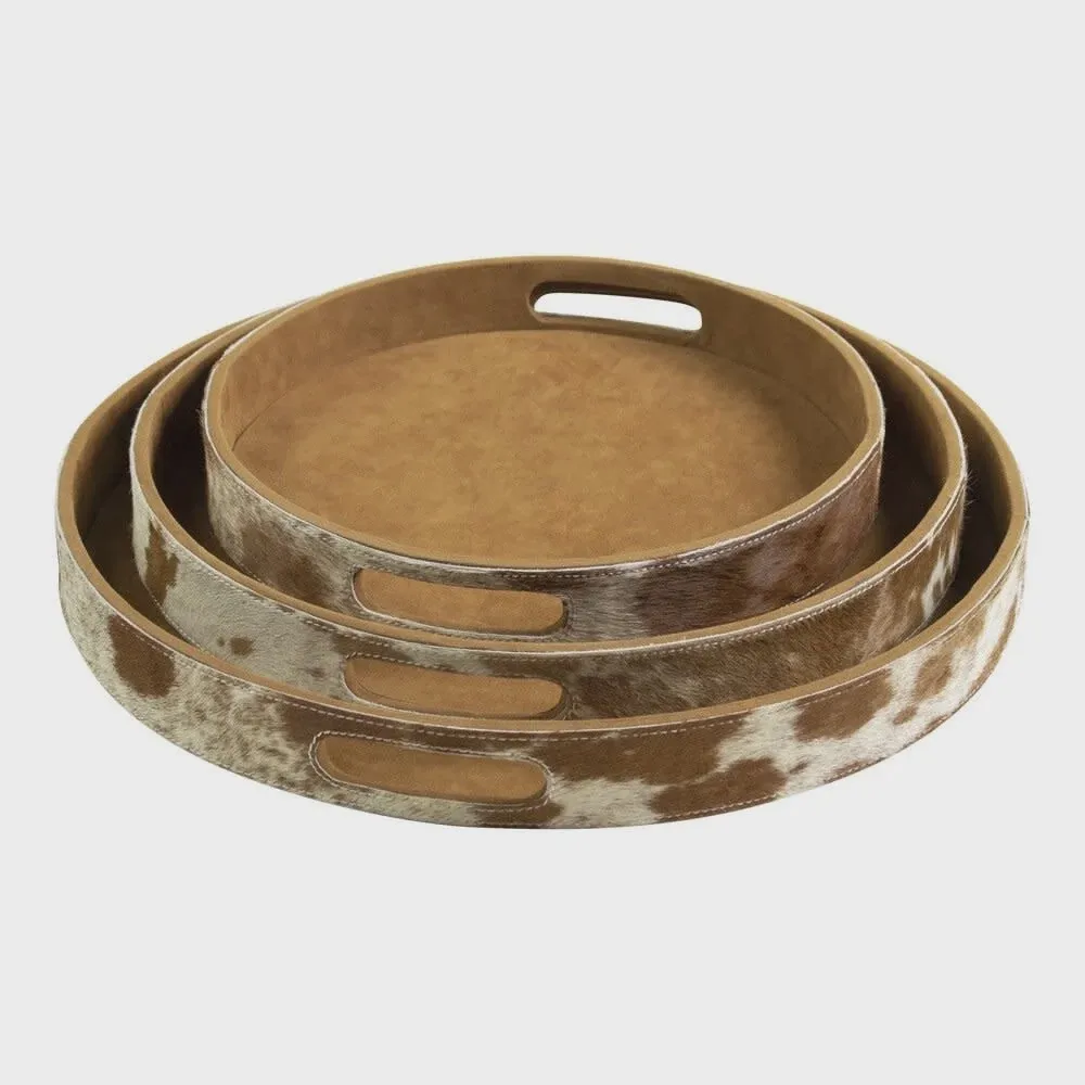 Dienbladen koehuid rond bruin/wit (set of 3)