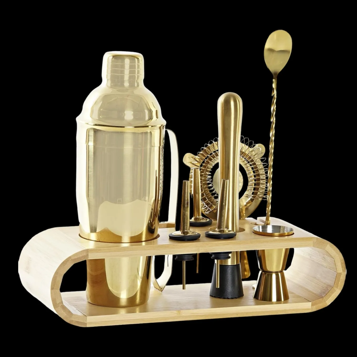 COCKTAILSHAKER + TOEBEHOREN SET VAN 9 STUKS BAMBOE &amp; INOX 9X9X25 750ML