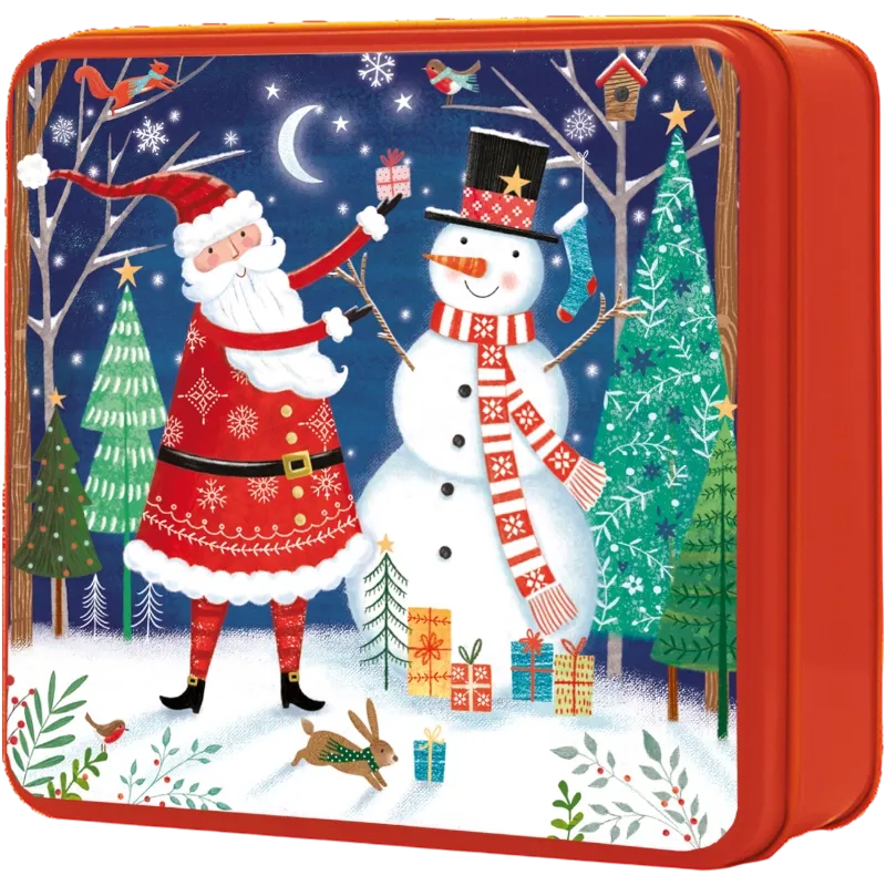 EMBOSSED SANTA &amp; SNOWMAN CHARCATER TIN 160GR