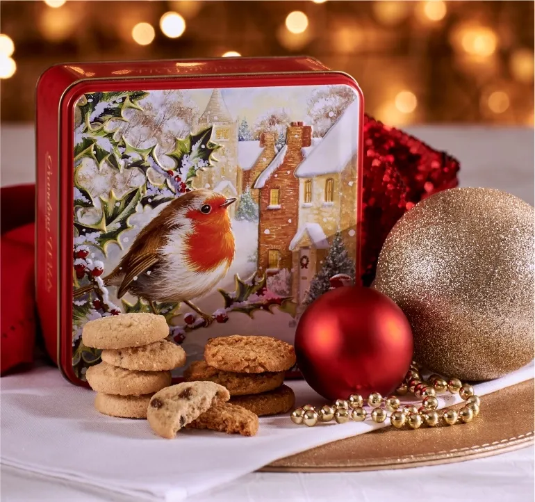 EMBOSSED SNOWY ROBIN SQUARE TIN 160GR