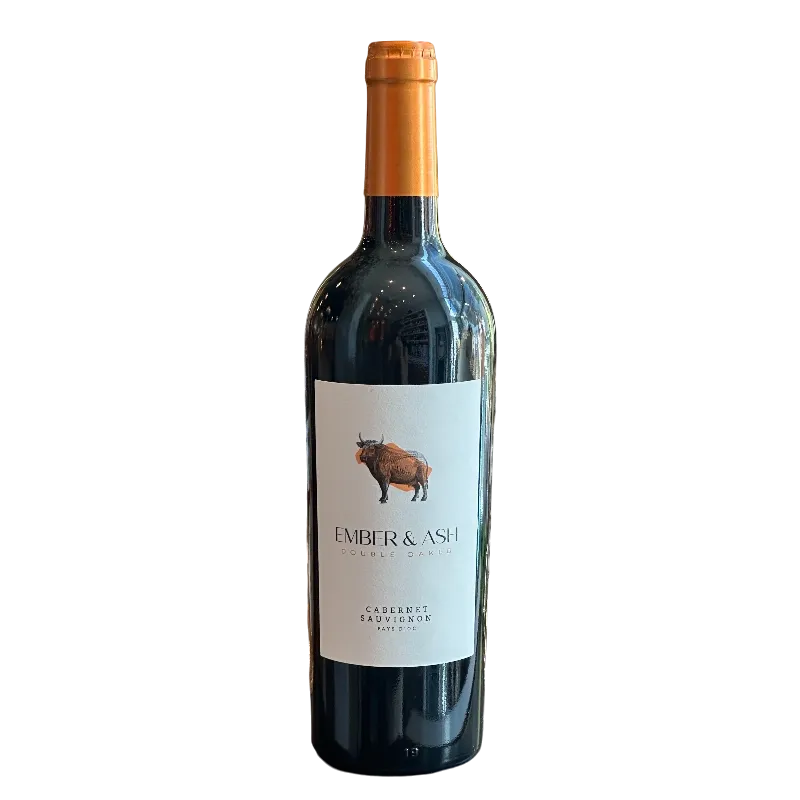 Gin &amp; Wine Store – Drankenhandel in De Haan – 2024 Ember &amp; Ash Cabernet Sauvignon Double Oaked wijnfles, 0,75L met oranje folie en wit etiket.