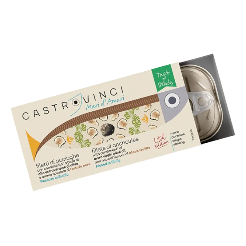 Ansjovisfilets in biologische olijfolie met zwarte truffel – limited edition 48gram