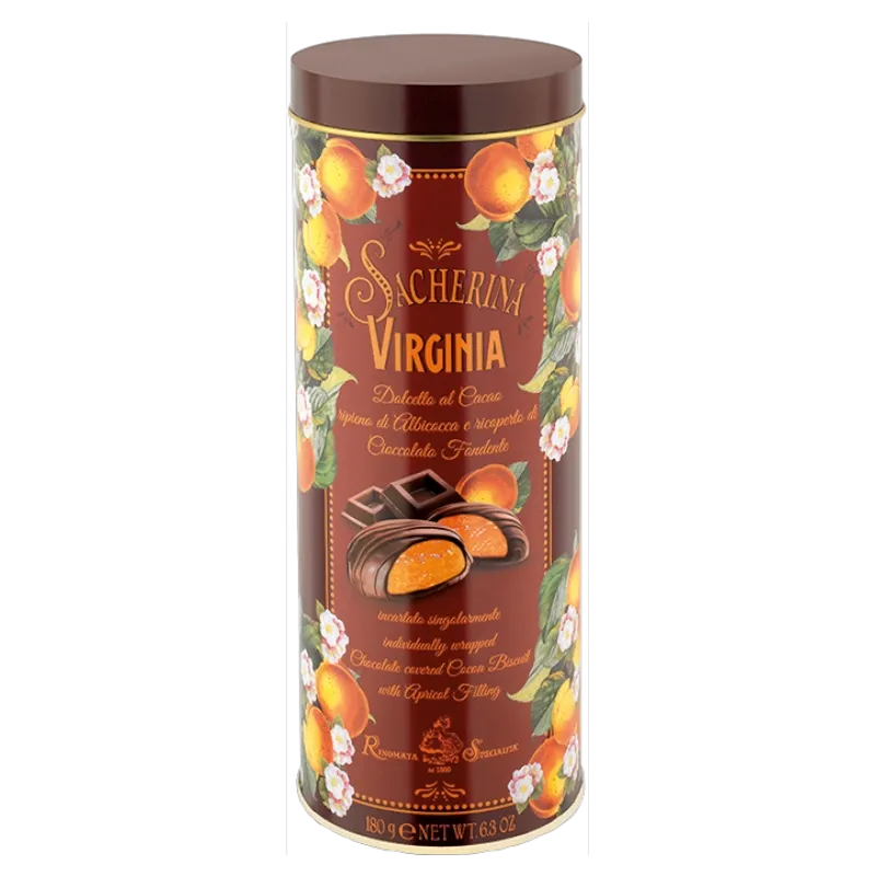 Metalen doos gevuld met abrikoos en bedekt met chocolade180gr